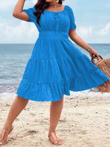 SHEIN Clasi Plus Tie Front Ruffle Hem Dress - Blue - View 5