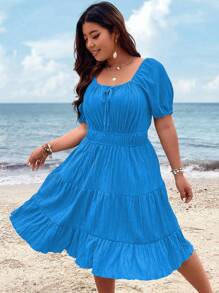 SHEIN Clasi Plus Tie Front Ruffle Hem Dress - Blue - View 7