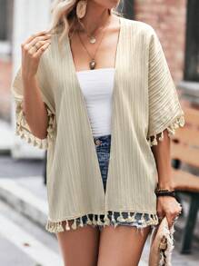 SHEIN LUNE Tassel Trim Batwing Sleeve Kimono - Apricot - View 1