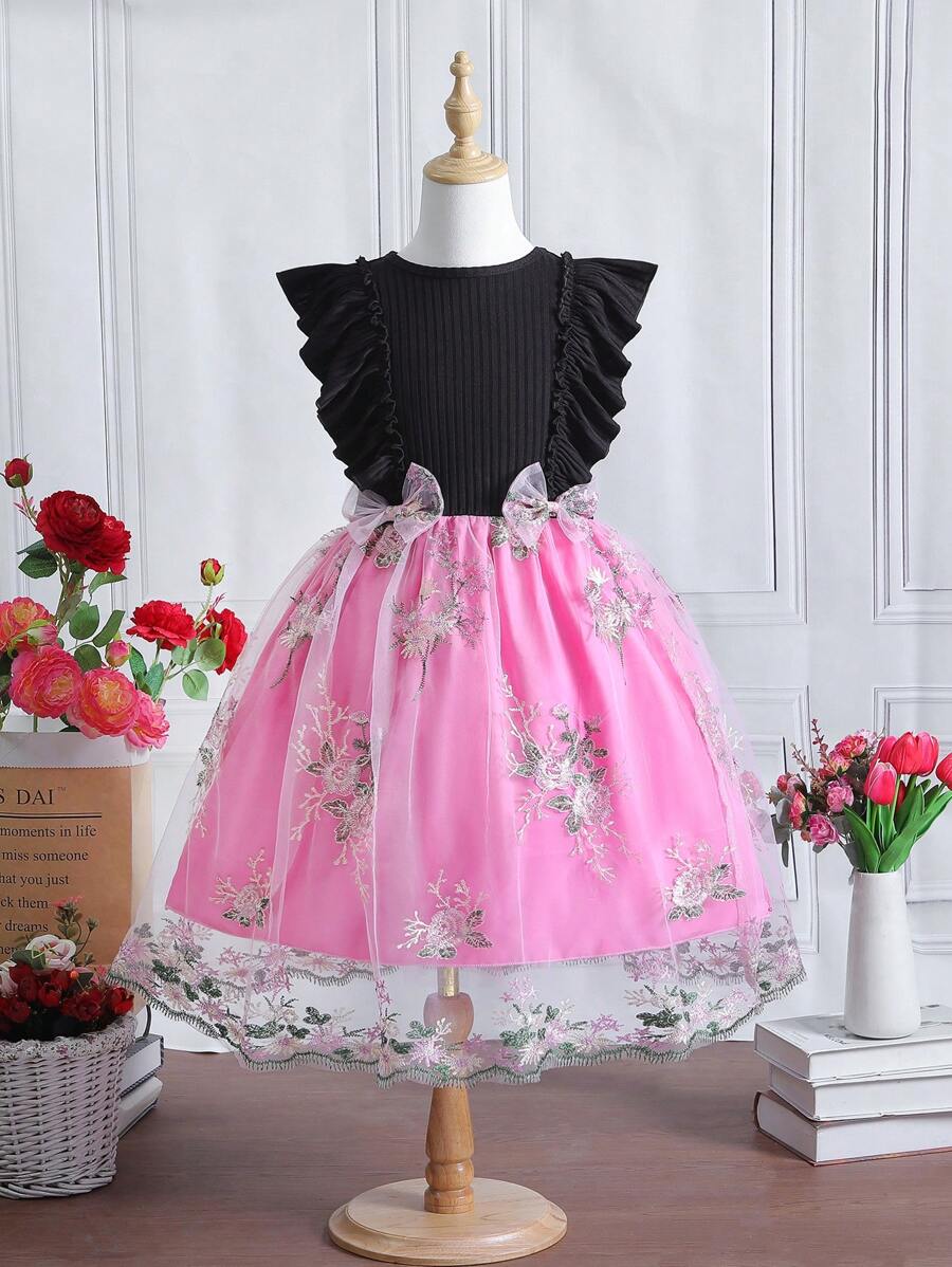 Tween Girl Floral Embroidery Ruffle Trim Mesh Overlay Bow Front Dress - Multicolor - View 1