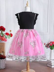 Tween Girl Floral Embroidery Ruffle Trim Mesh Overlay Bow Front Dress - Multicolor - View 2