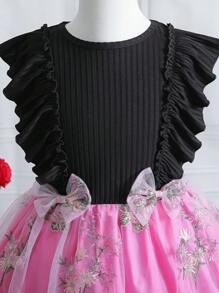 Tween Girl Floral Embroidery Ruffle Trim Mesh Overlay Bow Front Dress - Multicolor - View 3