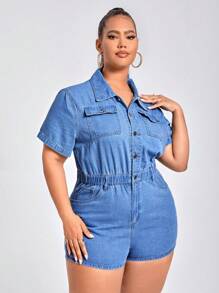 Hơn Túi có nắp Nút Nửa Áo liền quần denim - Rửa trung bình - Xem 1