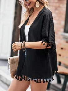 SHEIN LUNE 流蘇邊蝙蝠袖和服罩衫