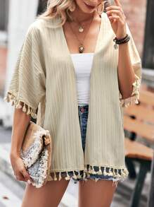 SHEIN LUNE Tassel Trim Batwing Sleeve Kimono - Apricot - View 5