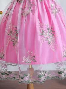 Tween Girl Floral Embroidery Ruffle Trim Mesh Overlay Bow Front Dress - Multicolor - View 6