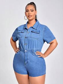 Hơn Túi có nắp Nút Nửa Áo liền quần denim - Rửa trung bình - Xem 3