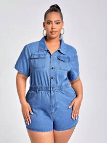 Hơn Túi có nắp Nút Nửa Áo liền quần denim - Rửa trung bình - Xem 4