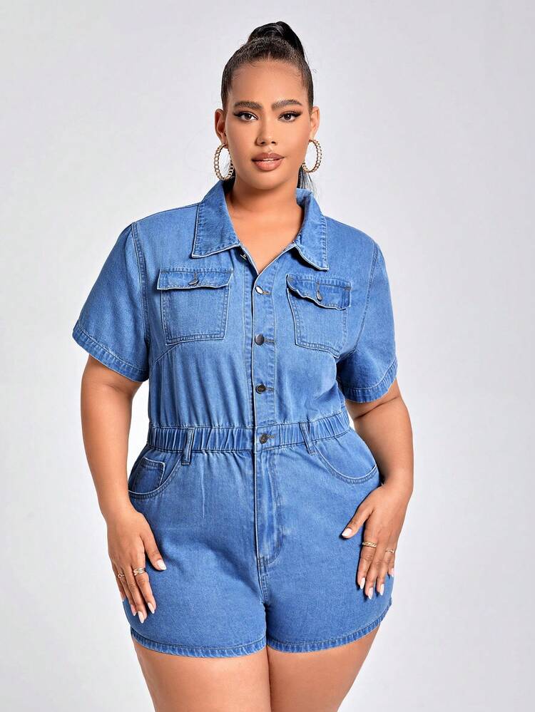 Hơn Túi có nắp Nút Nửa Áo liền quần denim - Rửa trung bình - Xem 4