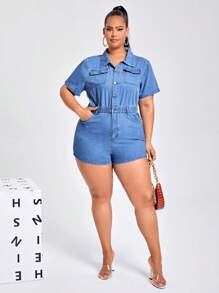 Hơn Túi có nắp Nút Nửa Áo liền quần denim - Rửa trung bình - Xem 5