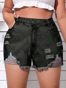 SHEIN EZwear 大碼破洞毛邊牛仔短褲 - 黑色 - 查看 1