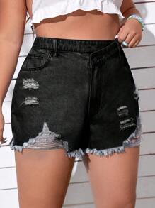 SHEIN EZwear 大碼破洞毛邊牛仔短褲 - 黑色 - 查看 5