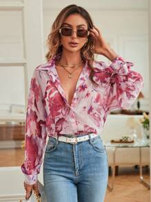 SHEIN VCAY Women's Fall Random Floral Print Button Down Loose Fit Long Sleeve Satin Shirt - Pink - View 1