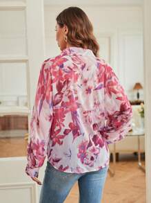 SHEIN VCAY Women's Fall Random Floral Print Button Down Loose Fit Long Sleeve Satin Shirt - Pink - View 2