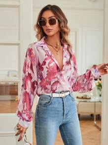 SHEIN VCAY Women's Fall Random Floral Print Button Down Loose Fit Long Sleeve Satin Shirt - Pink - View 3