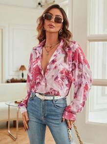 SHEIN VCAY Women's Fall Random Floral Print Button Down Loose Fit Long Sleeve Satin Shirt - Pink - View 4