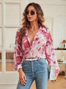 SHEIN VCAY Women's Fall Random Floral Print Button Down Loose Fit Long Sleeve Satin Shirt - Pink - View 5