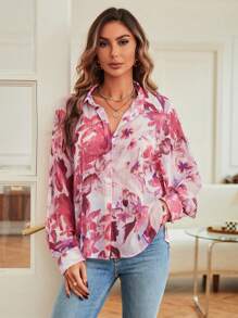 SHEIN VCAY Women's Fall Random Floral Print Button Down Loose Fit Long Sleeve Satin Shirt - Pink - View 6