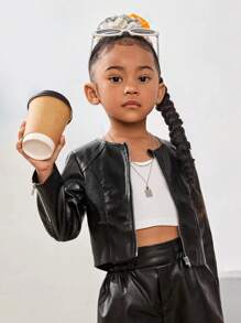 SHEIN 女小童拉鏈開襟PU皮革夾克不附吊帶上衣 - 黑色 - 查看 1