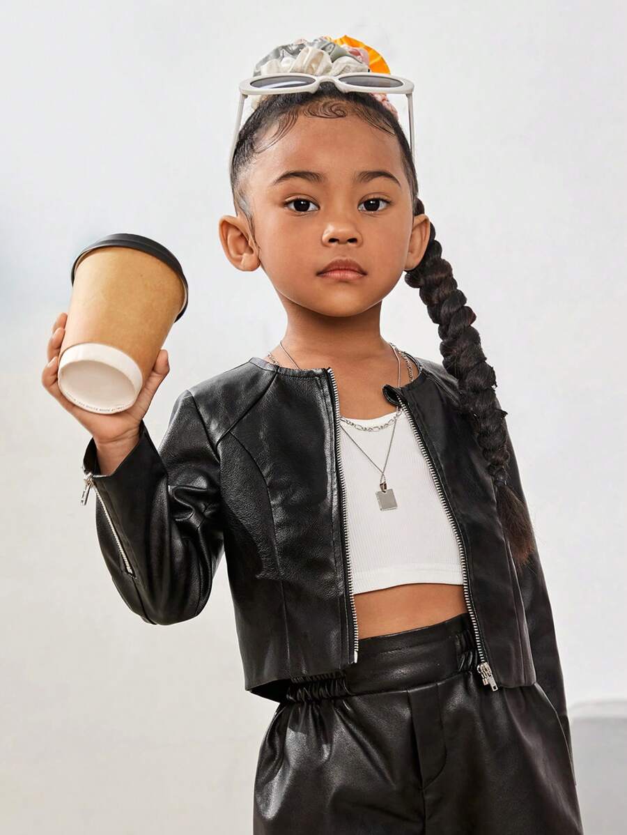 SHEIN 女小童拉鏈開襟PU皮革夾克不附吊帶上衣 - 黑色 - 查看 1