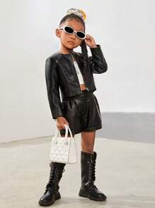 SHEIN 女小童拉鏈開襟PU皮革夾克不附吊帶上衣 - 黑色 - 查看 5