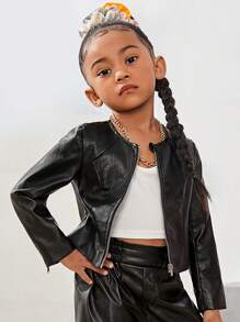 SHEIN 女小童拉鏈開襟PU皮革夾克不附吊帶上衣 - 黑色 - 查看 6