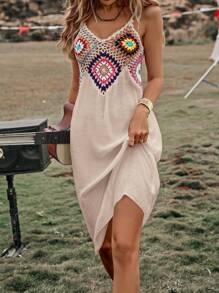 SHEIN Swim Geo Crochet Panel Cami Cover Up Dress,Summer Beach - Khaki - View 1