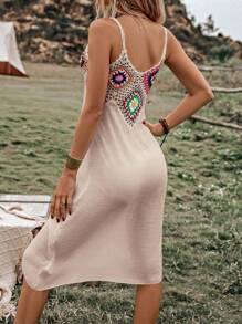 SHEIN Swim Geo Crochet Panel Cami Cover Up Dress,Summer Beach - Khaki - View 2