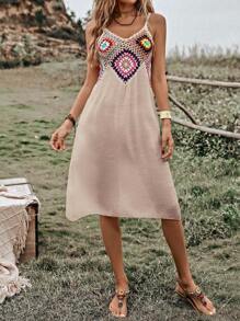 SHEIN Swim Geo Crochet Panel Cami Cover Up Dress,Summer Beach - Khaki - View 3