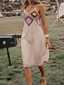 SHEIN Swim Geo Crochet Panel Cami Cover Up Dress,Summer Beach - Khaki - View 4