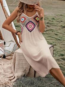 SHEIN Swim Geo Crochet Panel Cami Cover Up Dress,Summer Beach - Khaki - View 5