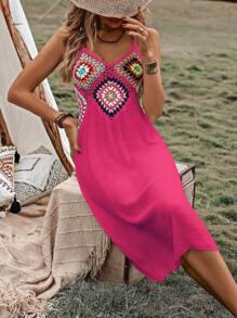 SHEIN Swim 幾何鉤織拼接吊帶罩衫洋裝