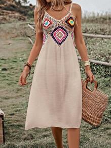 SHEIN Swim Geo Crochet Panel Cami Cover Up Dress,Summer Beach - Khaki - View 6