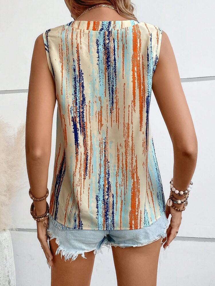 Holiday Casual Round Neck Button Striped Print Sleeveless Shirt,Sleeveless Tops