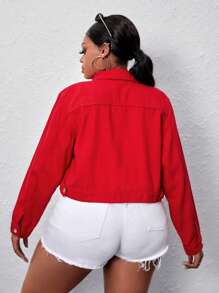 SHEIN SXY 大碼翻蓋口袋牛仔夾克 - 紅色 - 查看 2