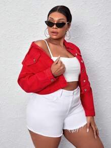 SHEIN SXY 大碼翻蓋口袋牛仔夾克 - 紅色 - 查看 3