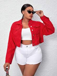 SHEIN SXY 大碼翻蓋口袋牛仔夾克 - 紅色 - 查看 4
