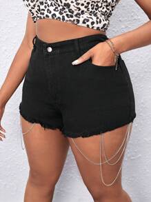 SHEIN SXY Hơn Chi tiết chuỗi Raw Hem Quần short Denim - màu đen - Xem 1