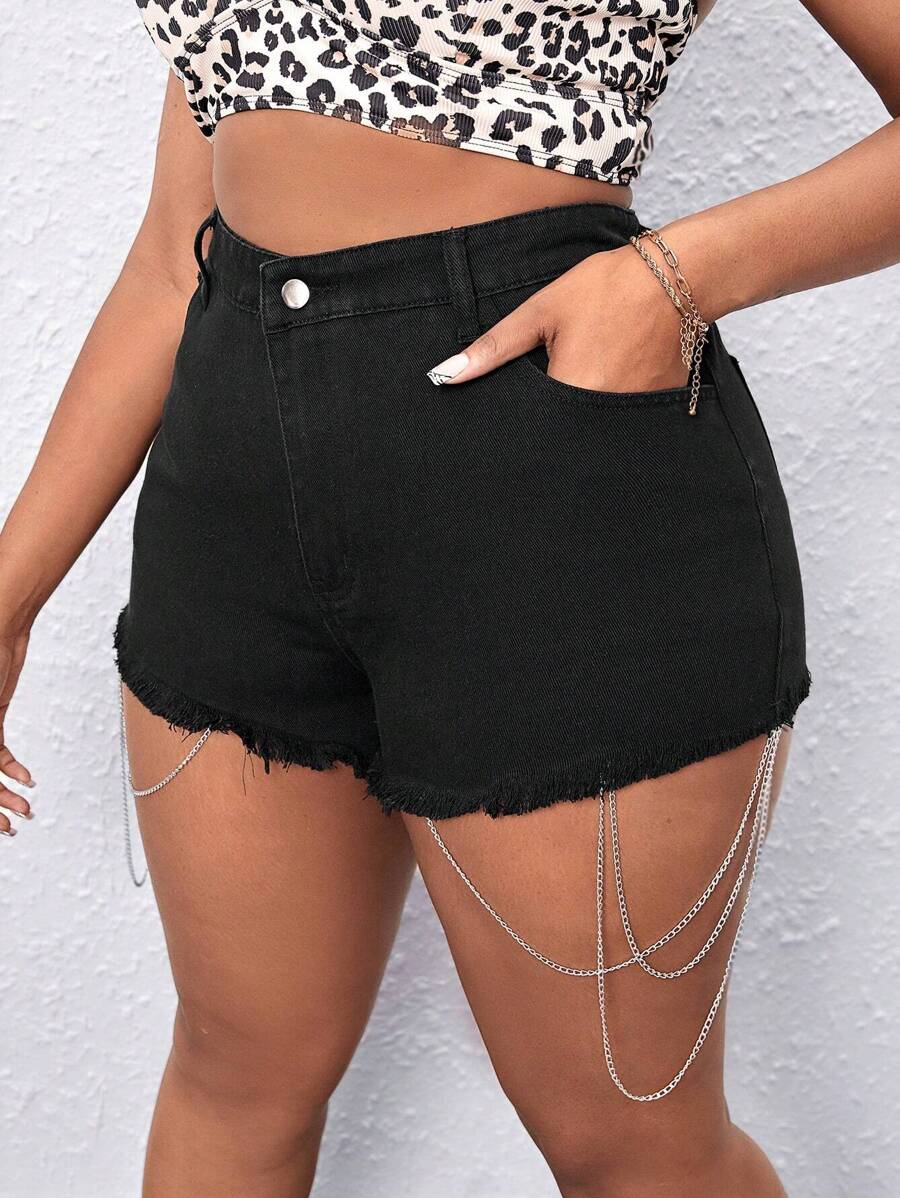 SHEIN SXY Hơn Chi tiết chuỗi Raw Hem Quần short Denim - màu đen - Xem 1