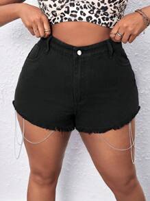 SHEIN SXY Hơn Chi tiết chuỗi Raw Hem Quần short Denim - màu đen - Xem 5