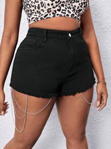 SHEIN SXY Hơn Chi tiết chuỗi Raw Hem Quần short Denim - màu đen - Xem 6