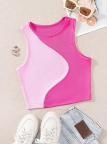SHEIN EZwear Plus Size Women Summer Casual Colorblock Crop Top - Hot Pink - View 1