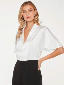 BizChic 素色西裝領緞面襯衫工作服 - 白色 - 查看 4