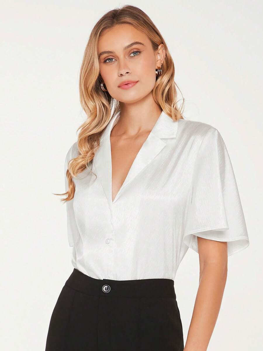 BizChic 素色西裝領緞面襯衫工作服 - 白色 - 查看 1