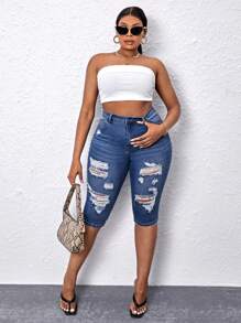 SHEIN SXY Plus Solid Ripped Skinny Jeans - Medium Wash - View 3
