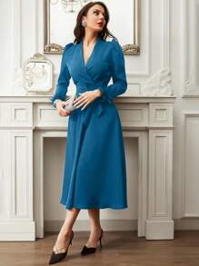 Modelyn Fuzzy Cuff Puff Sleeve Belted Dress - Blue - View 4