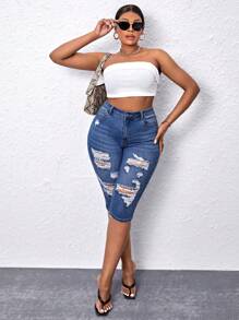 SHEIN SXY Plus Solid Ripped Skinny Jeans - Medium Wash - View 5