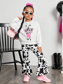 SHEIN 女小童1入組卡通圖案落肩袖套頭衫&1入組奶牛圖案喇叭褲 - 黑與白 - 查看 1