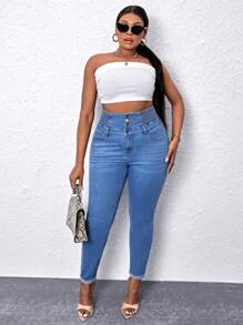 SHEIN SXY Plus High Waist Button Fly Skinny Jeans - Light Wash - View 4