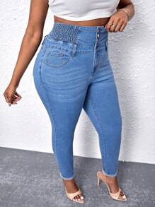 SHEIN SXY Plus High Waist Button Fly Skinny Jeans - Light Wash - View 6